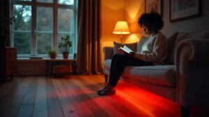Woman sitting in living room with underfloor heating